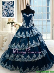 Glorious With Train A-line Sleeveless Navy Blue Vestidos de Quinceanera Court Train Lace Up