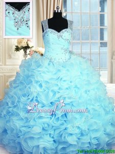 Traditional Aqua Blue Ball Gowns Straps Sleeveless Organza Floor Length Zipper Beading and Ruffles Sweet 16 Dress