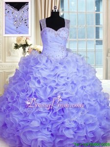 Comfortable Sleeveless Floor Length Beading and Ruffles Zipper Quinceanera Gown with Lavender