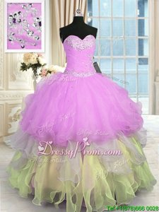 Stylish Sweetheart Sleeveless Quinceanera Gowns Floor Length Appliques and Ruffled Layers Multi-color Organza