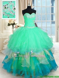 Popular Sweetheart Sleeveless Quince Ball Gowns Floor Length Beading and Ruffles Multi-color Organza