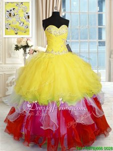 Unique Multi-color Ball Gowns Organza Sweetheart Sleeveless Beading and Ruffles Floor Length Lace Up Quinceanera Gowns