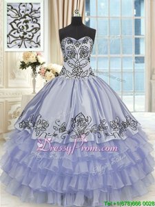 On Sale Lavender Organza and Taffeta Lace Up 15th Birthday Dress Sleeveless Floor Length Beading and Embroidery and Ruffled Layers