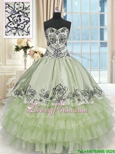 Shining Yellow Green Vestidos de Quinceanera Military Ball and Sweet 16 and Quinceanera and For withBeading and Embroidery and Ruffled Layers Sweetheart Sleeveless Lace Up