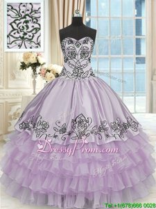 Amazing Sleeveless Organza Floor Length Lace Up Ball Gown Prom Dress inLavender forSummer and Fall and Winter withBeading and Embroidery and Ruffled Layers