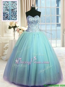 Latest Light Blue Lace Up Quinceanera Dresses Beading and Ruching Sleeveless Floor Length