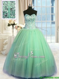 Fancy Floor Length Lace Up Sweet 16 Quinceanera Dress Turquoise and In forMilitary Ball and Sweet 16 and Quinceanera withBeading and Ruching