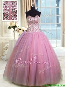 Customized Rose Pink Organza Lace Up Sweetheart Sleeveless Floor Length 15th Birthday Dress Beading and Ruching