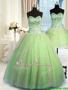 Modern Yellow Green Ball Gowns Sweetheart Sleeveless Tulle Floor Length Lace Up Beading Quinceanera Gowns