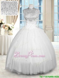 Floor Length White 15th Birthday Dress Tulle Sleeveless Spring and Summer and Fall and Winter Beading