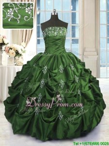 Low Price Green Taffeta Lace Up Strapless Sleeveless Floor Length Sweet 16 Dress Beading and Appliques and Embroidery and Pick Ups