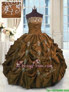 Eye-catching Brown Ball Gowns Taffeta Strapless Sleeveless Beading and Pick Ups Floor Length Lace Up Sweet 16 Dresses