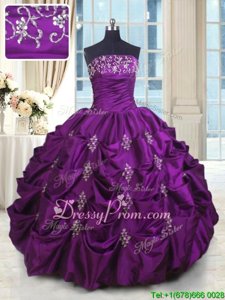 Sweet Beading and Appliques and Embroidery and Pick Ups Quinceanera Gowns Eggplant Purple Lace Up Sleeveless Floor Length