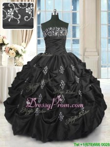 Elegant Black Taffeta Lace Up 15 Quinceanera Dress Sleeveless Floor Length Beading and Lace and Appliques and Pick Ups