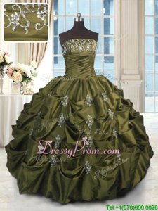 Graceful Olive Green Strapless Lace Up Beading and Appliques and Embroidery and Pick Ups Quinceanera Dress Sleeveless