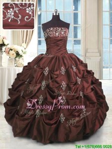 Discount Burgundy Lace Up Strapless Beading and Appliques and Embroidery and Pick Ups Sweet 16 Quinceanera Dress Taffeta Sleeveless