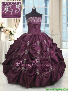 Fitting Purple Taffeta Lace Up Strapless Sleeveless Floor Length Quinceanera Dress Beading and Appliques and Embroidery and Pick Ups