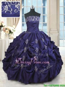 Designer Taffeta Strapless Sleeveless Lace Up Beading and Appliques and Embroidery and Pick Ups Quinceanera Gowns inPurple