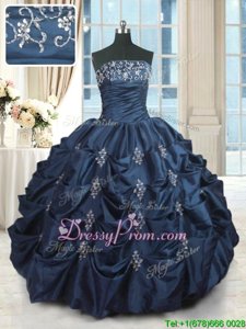 Cheap Strapless Sleeveless Quinceanera Gown Floor Length Beading and Pick Ups Navy Blue Taffeta