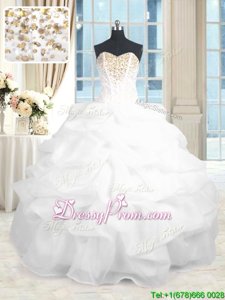 Suitable White Sleeveless Organza Lace Up Quince Ball Gowns forMilitary Ball and Sweet 16 and Quinceanera
