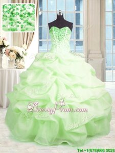 Super Sweetheart Sleeveless Quinceanera Gowns Floor Length Beading and Ruffles Spring Green Organza
