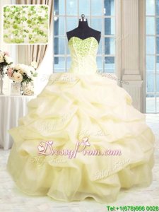 Exceptional Light Yellow Ball Gowns Sweetheart Sleeveless Organza Floor Length Lace Up Beading and Ruffles Vestidos de Quinceanera
