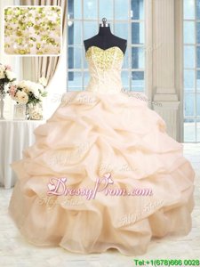 Artistic Champagne Ball Gowns Beading and Ruffles Quince Ball Gowns Lace Up Organza Sleeveless Floor Length