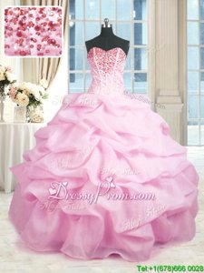 Deluxe Sweetheart Sleeveless Lace Up Ball Gown Prom Dress Pink Organza