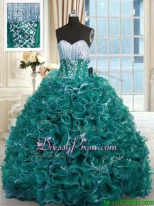 Comfortable With Train Turquoise Quinceanera Gown Sweetheart Sleeveless Brush Train Lace Up
