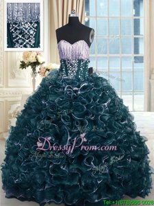 Graceful With Train Teal Quinceanera Gown Sweetheart Sleeveless Brush Train Lace Up
