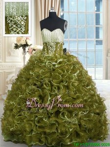 Dazzling Sleeveless Organza With Brush Train Lace Up Sweet 16 Dress inOlive Green forSpring and Summer and Fall and Winter withBeading and Ruffles