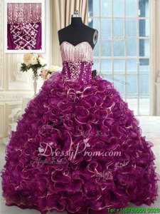 Top Selling Fuchsia Ball Gowns Organza Sweetheart Sleeveless Beading and Ruffles With Train Lace Up Quinceanera Gown Brush Train