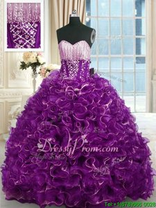 Beading and Ruffles Quinceanera Gowns Purple Lace Up Sleeveless With Brush Train