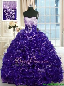 Modern Purple Ball Gowns Beading and Ruffles Sweet 16 Dress Lace Up Organza Sleeveless With Train