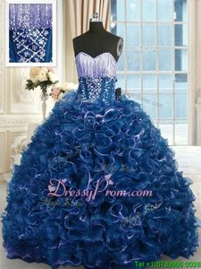 Hot Selling Navy Blue Sweetheart Neckline Beading and Ruffles Quinceanera Gowns Sleeveless Lace Up