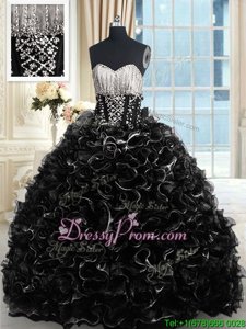 Exquisite Black Sweetheart Neckline Beading and Ruffles 15th Birthday Dress Sleeveless Lace Up