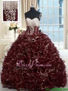 Brown Lace Up Sweetheart Beading and Ruffles Vestidos de Quinceanera Organza Sleeveless Brush Train