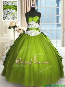Superior Floor Length Olive Green Quinceanera Dress Taffeta and Tulle Sleeveless Spring and Summer and Fall and Winter Beading and Lace and Appliques and Ruching