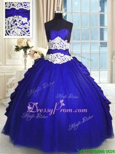 Fine Sleeveless Taffeta and Tulle Floor Length Lace Up Quinceanera Dresses inRoyal Blue forSpring and Summer and Fall withBeading and Lace and Appliques and Ruching and Pick Ups