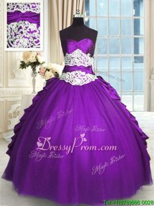 Glamorous Purple Ball Gowns Beading and Lace and Ruching and Pick Ups Quinceanera Gowns Lace Up Taffeta Sleeveless Floor Length