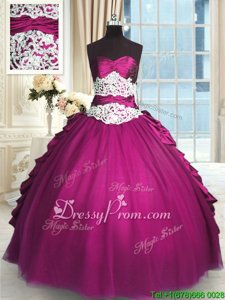 Custom Designed Fuchsia Sweetheart Lace Up Beading and Lace and Ruching and Pick Ups 15th Birthday Dress Sleeveless