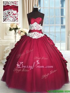 Fantastic Red Taffeta and Tulle Zipper 15 Quinceanera Dress Long Sleeves Floor Length Beading and Lace and Ruching and Pick Ups