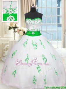 Fine White Sleeveless Floor Length Appliques and Belt Lace Up 15th Birthday Dress