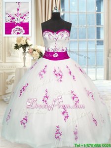 Charming White Sleeveless Floor Length Appliques and Belt Lace Up Quinceanera Dress