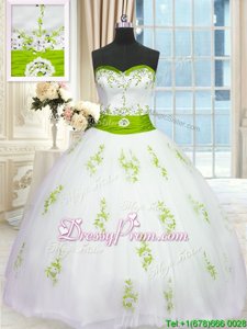 Traditional Floor Length Lace Up Sweet 16 Quinceanera Dress White and In forMilitary Ball and Sweet 16 and Quinceanera withAppliques and Belt