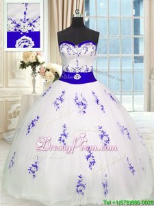 Sumptuous White Ball Gowns Embroidery and Belt Sweet 16 Dress Lace Up Tulle Sleeveless Floor Length