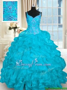Fabulous Aqua Blue Organza Lace Up Sweet 16 Quinceanera Dress Sleeveless Brush Train Beading and Embroidery and Ruffles