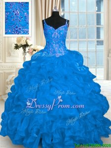 Sweet Blue Organza Lace Up Spaghetti Straps Sleeveless Quince Ball Gowns Brush Train Beading and Embroidery and Ruffles and Pick Ups