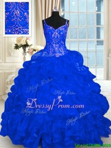 Dramatic Spaghetti Straps Sleeveless Organza Sweet 16 Quinceanera Dress Beading and Embroidery and Ruffles and Pick Ups Brush Train Lace Up