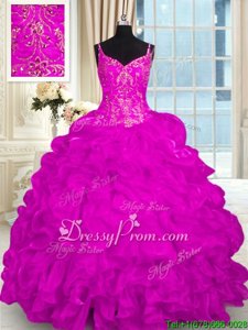 Ball Gowns Sleeveless Fuchsia Quinceanera Dress Brush Train Lace Up